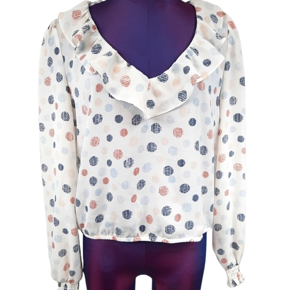 June & Hudson V-neck Ruffle Peasant Blouse Geometric Size Medium Women's - Picture 1 of 8